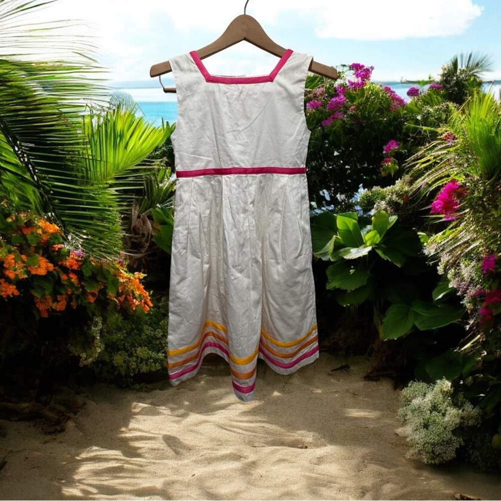 Rachel Riley White Dress with Pink and Yellow Trim